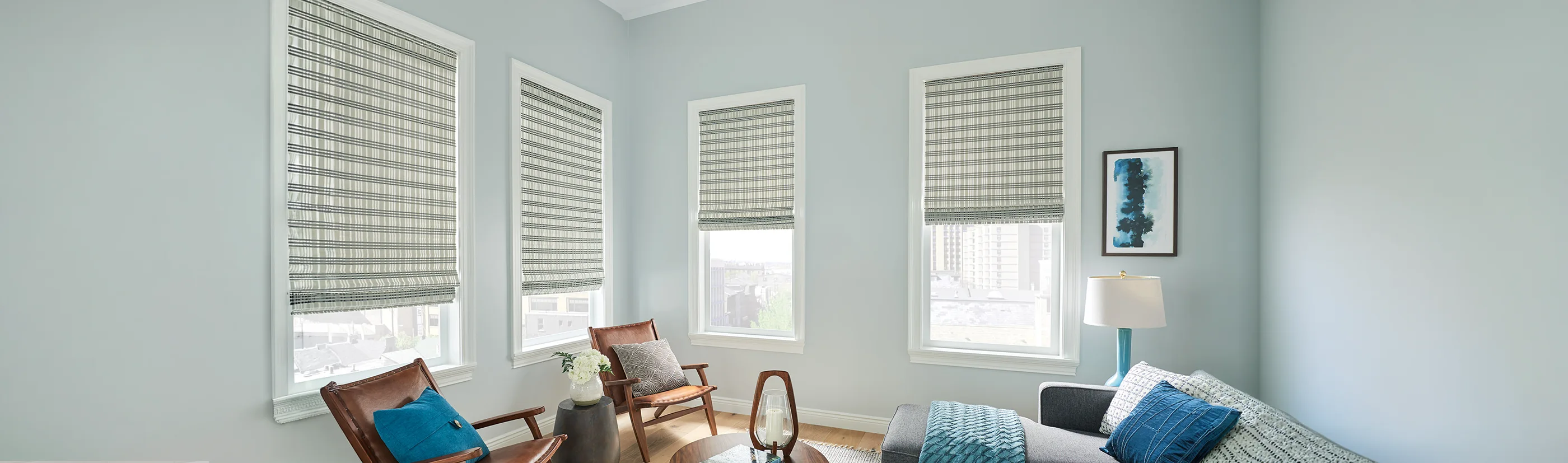 sage green shades in an urban styled living room