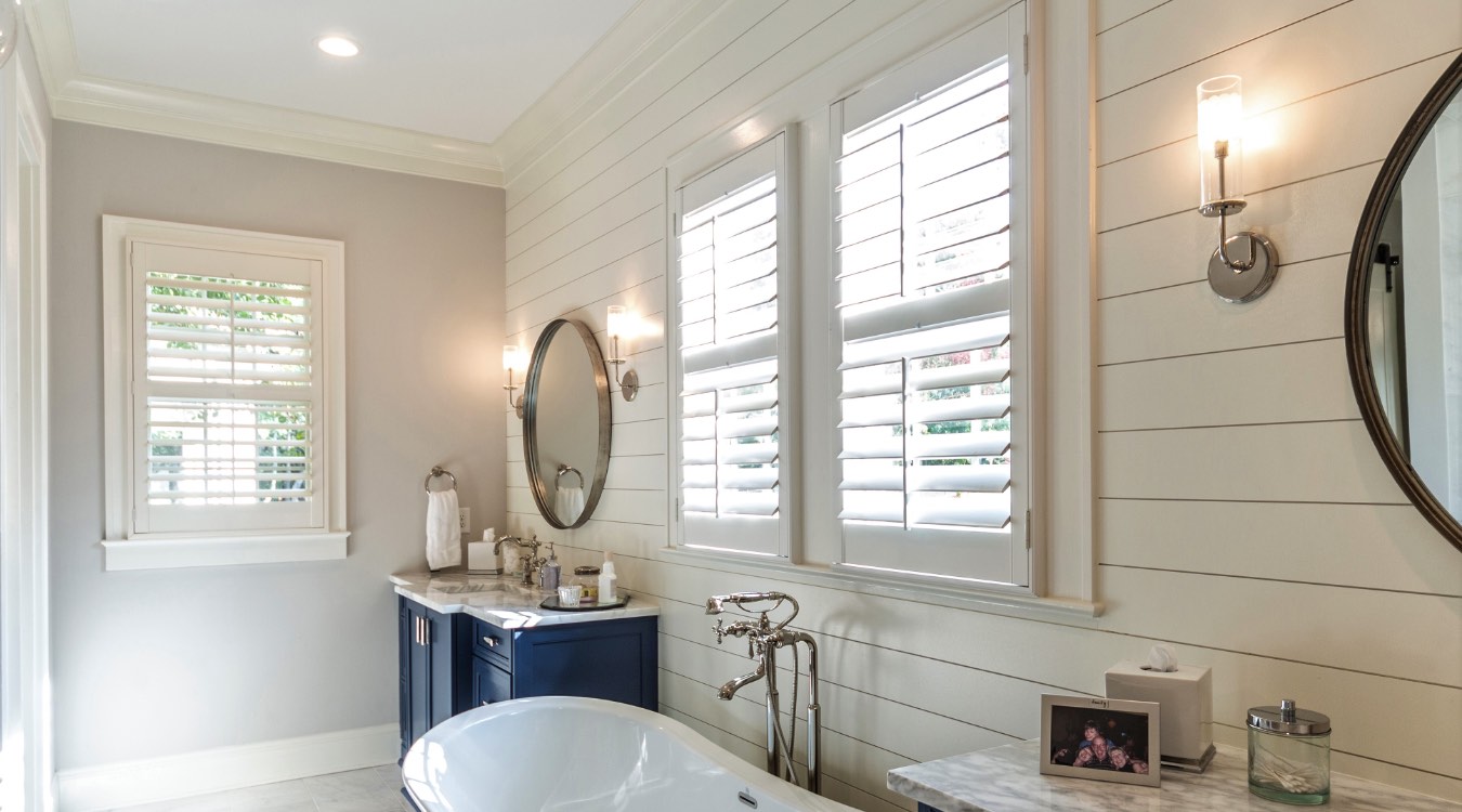 St. George bathroom with white plantation shutters.