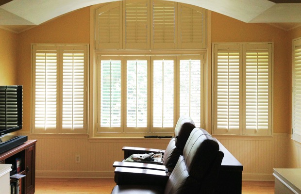 St. George plantation shutters in entertainment room
