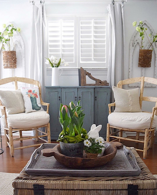 Interior shutters in bright sunroom.