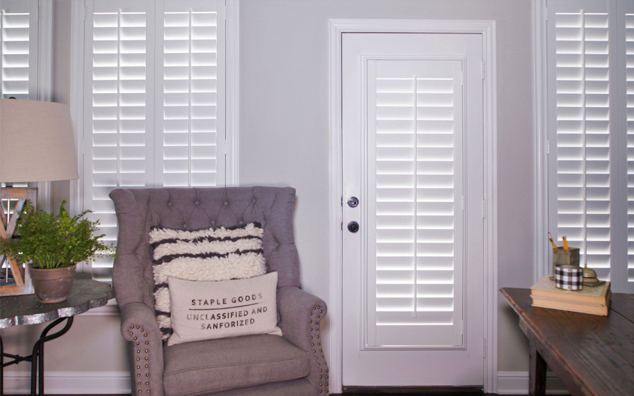 Interior shutters are beautiful and durable window treatments for glass doors in St. George. Polywood shutters on a door