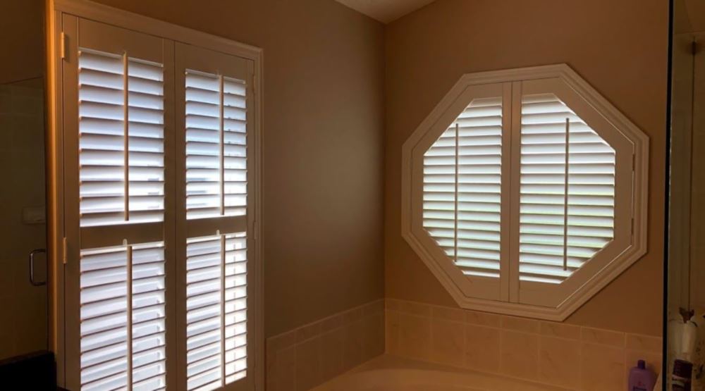 Octagon window treatments Octagon window in a St. George bathroom