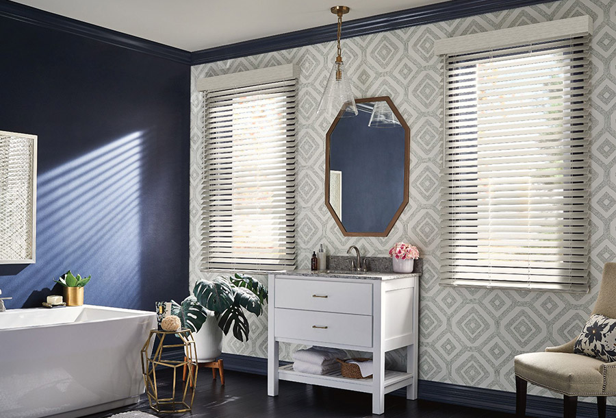 White faux wood blinds in a bathroom